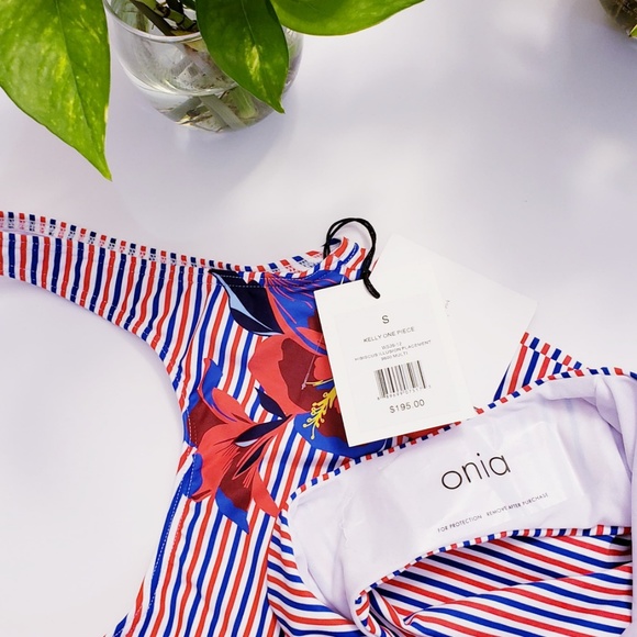 $195 NEW ANTROPOLOGIE x ONIA One Piece Red Blue S M Floral Striped Slim Fitted - Picture 4 of 11